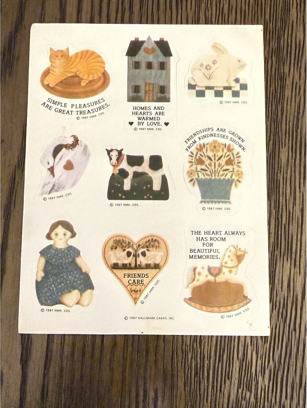 Vintage 1987 Hallmark Sticker Sheet Country Folk Art Cat Cow Horse Doll Unused